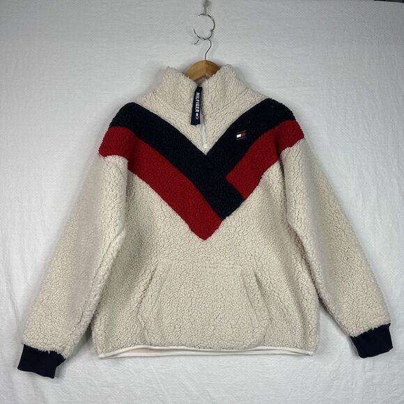 Tommy Hilfiger Sport Sherpa Fleece Pullover Women’s L White Red Navy Colorblock - Picture 11 of 11